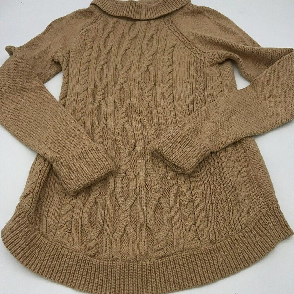 Talbots Cable Knit Sweater XS Beige Carmel 100% Cotton Ribbed Mock Top Stretch